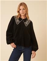 Pure Cotton Broderie Detail Collared Blouse