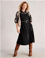 Cotton Blend Embroidered Midi Shirt Dress