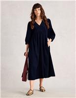 Cord V-Neck Midi Waisted Dress