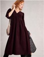 Cord V-Neck Midi Waisted Dress