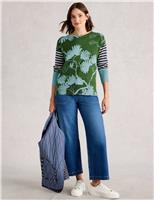 Cotton Blend Print Striped Crew Neck Jumper