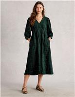 Cord Broderie V-Neck Midi Waisted Dress