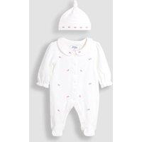 JoJo Maman Bb Pure Cotton Rosebud Sleepsuit and Hat Set (0-18 Mths) White Mix