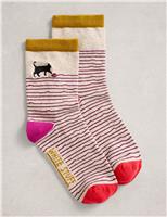 Cotton Rich Striped Cat Ankle High Socks