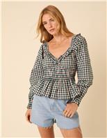 Pure Cotton Checked Sweetheart Neck Top