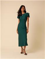 Crew Neck V-Back Ruffle Midi Column Dress