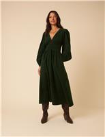 Pure Cotton Cord Shirred Midi Waisted Dress