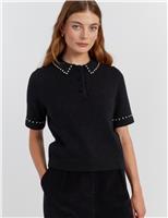 Wool Rich Embellished Polo Collar Knitted Top with Cashmere