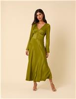 V-Neck Button Detail MidI Dress