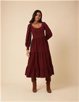 Cotton Scoop Neck Tiered Midi Dress