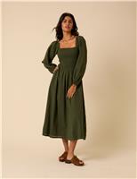 Pure Cotton Floral Midi Waisted Dress