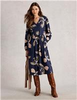 Jersey Peacock Print Notch Neck Midi Dress