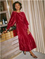 Crushed Velvet Round Neck Midi Waisted Dress