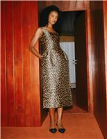 Taffeta Animal Print Square Neck Waisted Dress