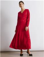 Satin Jacquard V-Neck Midi Skater Dress