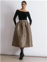 Taffeta Animal Print Midi A-Line Skirt