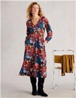 Cotton Blend Printed V-Neck Midi Tea Dress