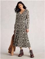 Cotton Blend Printed V-Neck Midi Tea Dress