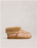 Suede Shearling Animal Print Slipper Boots