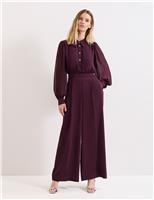 Button Front Long Sleeve Wide Leg Jumpsuit