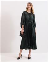 Sheer Plisse Pleated Midi Waisted Dress