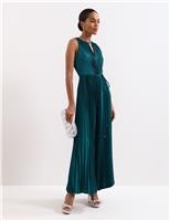 Plisse Pleated Sparkly Maxi Waisted Dress