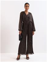 Striped Belted Long Sleeve Wrap Jumpsuit