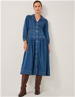 Denim Collared Button Through Midi Waisted Dress