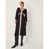 V-Neck Contrast Panel Midi Dress
