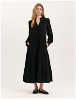 Cord V-Neck Collarless Midi Tiered Dress