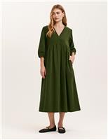 Cord V-Neck Puff Sleeve Midi Smock Dress