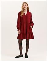 Cord V-Neck Knee Length Tiered Dress