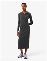 Lacoste Cotton Rich Ribbed Collared Midi Polo Dress Grey