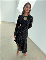 Star Print Asymmetric Ruffle Hem Midi Dress