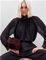 Lace Trim High Neck Blouson Sleeve Blouse