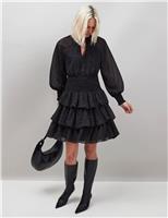 Polka Dot Blouson Sleeve Mini Tiered Dress