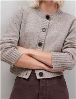 Wool Rich Textured Crew Neck Button Front Cardigan