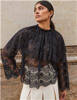 Cotton Blend Lace Overlay High Neck Blouse