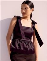 Satin Square Neck Bow Detail Peplum Top