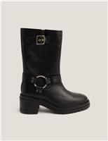 Leather Biker Buckle Block Heel Boots