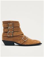Alohas Suede Buckle Cuban Heel Pointed Ankle Boots Brown