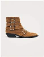 Suede Buckle Cuban Heel Pointed Ankle Boots