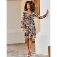 SOSANDAR Animal Print V-Neck Knee Length Skater Dress Brown Mix