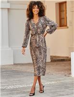 Animal Print Plisse V-Neck Midi Waisted Dress