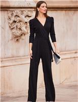 Plisse Wrap Front Belted 3/4 Sleeve Jumpsuit