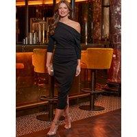 SOSANDAR Jersey One Shoulder Ruched Midi Bodycon Dress Black