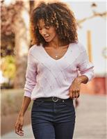 SOSANDAR Pointelle Embellished V-Neck Relaxed Jumper Pink