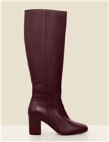 SOSANDAR Leather Block Heel Knee High Boots Burgundy