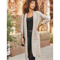 SOSANDAR Cable Knit Blouson Sleeve Longline Cardigan Camel