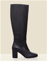 Leather Block Heel Knee High Boots